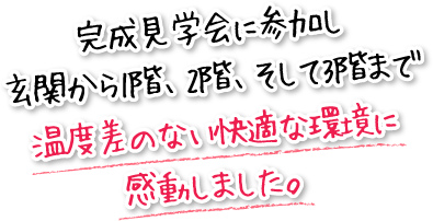 完成見学会に参加し玄関から1階、2階、そして3階まで温度差のない快適な環境に感動しました。