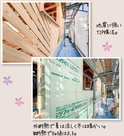 地震に強いTIP構法。外断熱で夏は涼しく冬は暖かい。W断熱でUa値は0.3。